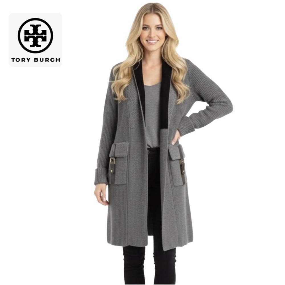 Tory Burch Gray Knit Cardigan Sweater Jacket with Black Trim